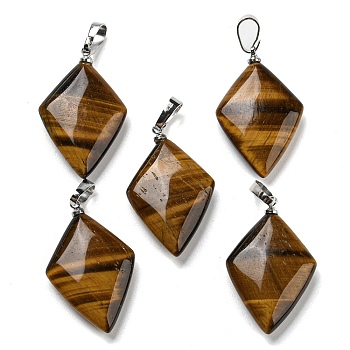 Natural Tiger Eye Pendants, with Platinum Tone Brass Findings, Rhombus Charm, 28~29x17~18x5.5~6mm, Hole: 4x7mm