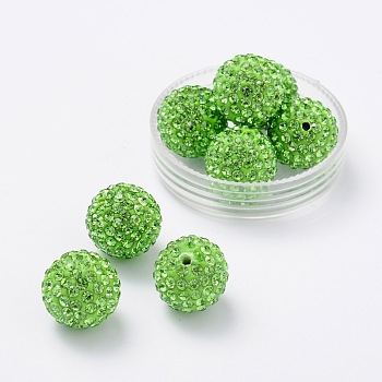 Pave Disco Ball Beads, Polymer Clay Rhinestone Beads, Grade A, Peridot, PP15(2.1~2.2mm), 14mm, Hole: 1mm
