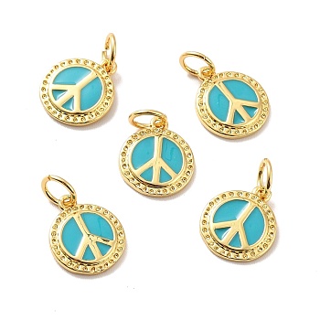Rack Plating Brass Enamel Pendants, Real 18K Gold Plated, Cadmium Free & Lead Free & Nickle Free, with Jump Ring, Flat Round, Dark Turquoise, 11.5x9.5x1.5mm, Jump Ring: 5x0.6mm, Inner Diameter: 3.5mm