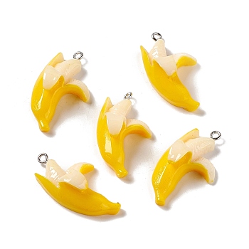 Opaque Resin Pendants, Imitation Food, with Platinum Tone Iron Loops, Banana, Gold, 35x19x12mm, Hole: 2mm
