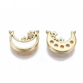 Brass Micro Pave Clear Cubic Zirconia Charms, with Shell, Moon with Star, Nickel Free, Real 18K Gold Plated, 12x10x3mm, Hole: 1mm
