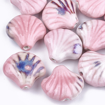 Handmade Porcelain Beads, Fancy Antique Glazed Porcelain, Shell, Pink, 28~29x32~33x12.5~14mm, Hole: 3~3.5mm