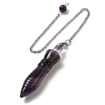 Natural Amethyst Pointed Dowsing Pendulums, with 304 Stainless Steel Chains, Bullet Charm, 243mm, Bullet: 60x12.5mm, Hole: 3mm