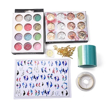 Olycraft UV Gel Nail Art Tinfoil, with Copper Wire, Laser Shining Nail Art Glitter,Seamless Paper Tape,Plastic Picture Laser Stickers,Zinc Alloy Cabochons, Brass Stickers, Mixed Color, Bottle: 28.5x13mm, 12pc/box