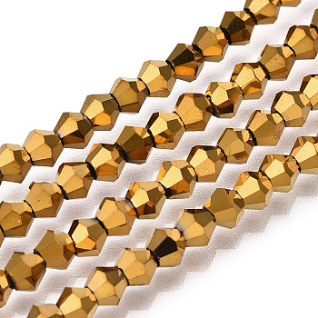 Electroplate Glass Bead Strands, Rainbow Plated, Faceted Bicone, Golden Plated, 4x4.5mm, Hole: 1mm, 92~96pcs/strand, 13.78~14.37 inch