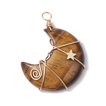 Natural Tiger Eye Copper Wire Wrapped Pendants, Moon with Star Charms, Golden, 44.5x35x11.5mm, Hole: 4mm