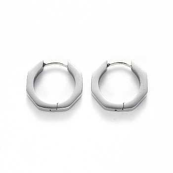304 Stainless Steel Huggie Hoop Earrings, Octagon, Stainless Steel Color, 16x17x3mm, Pin: 1mm