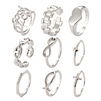 9Pcs 9 Style Brass Cuff Rings, Open Rings, Long-Lasting Plated, Heart & Fish & Octagon & Infinity & Cross & Rectangle & Coffee Bean Chain & Word Good Luck, Platinum, US Size 6(16.5mm)~US Size 8(18.1mm), 1pc/style