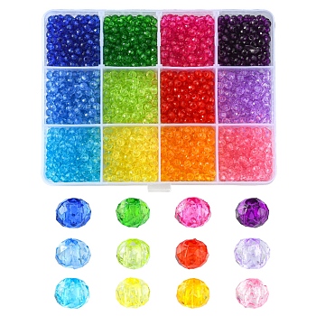 2016Pcs 12 Colors Transparent Acrylic Beads, Faceted, Rondelle, Mixed Color, 4x3.5mm, Hole: 1.5mm, 168pcs/color