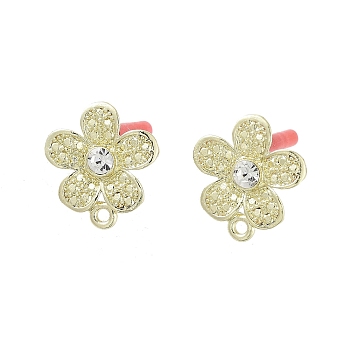 Rack Plating Golden Alloy with Rhinestone Stud Earring Findings, with Loops and 304 Stainless Steel Pins, Cadmium Free & Nickel Free & Lead Free, Flower, 17x15.5mm, Hole: 1.5mm, Pin: 0.7x10mm