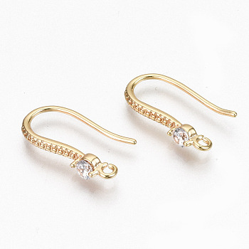 Brass Micro Pave Clear Cubic Zirconia Earring Hooks, Ear Wire, with Horizontal Loop, Nickel Free, Real 18K Gold Plated, Clear, 18x3mm, Hole: 1.4mm, 21 Gauge, Pin: 0.7mm