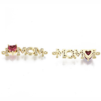 Real 16K Gold Plated Brass Micro Pave Cubic Zirconia Links Connectors, for Mother's Day, Cadmium Free & Nickel Free & Lead Free, Heart with Word Mom, Cerise, 6x27x6mm, Hole: 1.2mm
