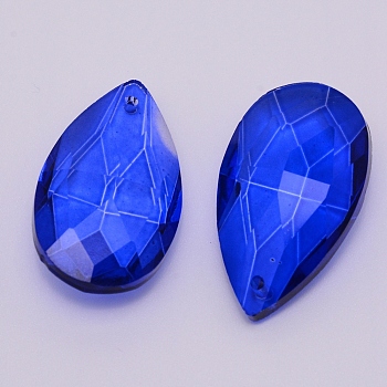 Transparent Glass Pendants, Teardrop, Faceted, Blue, 38x22x12mm, Hole: 1.8mm