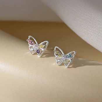 Elegant S999 Fine Silver Cubic Zirconia Butterfly Stud Earrings for Daily Wear, Silver, 6.8x9mm