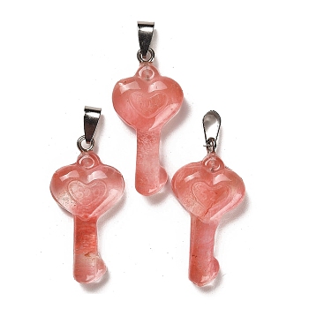 Cherry Quartz Glass Pendants, with Platinum Plated Iron Snap on Bails, Heart Shaped Key Charms, 38~39x18~19x7~8mm, Hole: 7.5x3mm