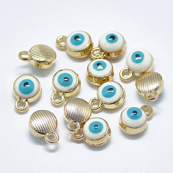 Light Gold Plated Alloy Charms, with Enamel, Flat Round with Evil Eye, White, 10x7x4.5mm, Hole: 1.5mm