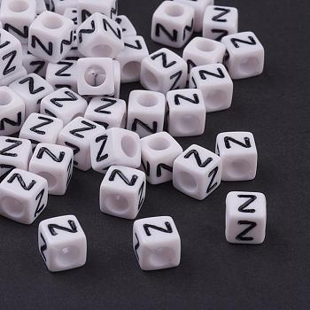 Acrylic Horizontal Hole Letter Beads, Cube, White, Letter Z, Size: about 6mm wide, 6mm long, 6mm high, hole: about 3.2mm, about 2600pcs/500g