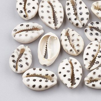 Printed Cowrie Shell Beads, No Hole/Undrilled, Black, 20~26x13~18x5~7mm