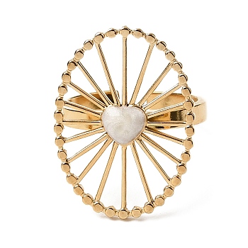 Hollow Oval with Heart 304 Stainless Steel Open Cuff Rings for Women, with Enamel, Golden, Inner Diameter: 17.6mm
