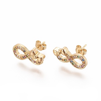 Brass Micro Pave Cubic Zirconia Stud Crawler Earrings, Climber Earrings,  Infinity, Golden, Colorful, 8.5x16~16.5mm, Pin: 0.8mm