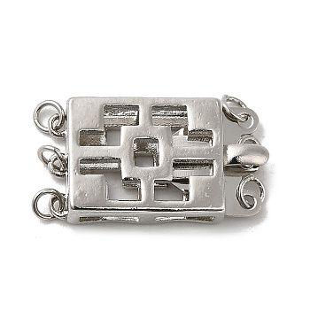 Rack Plating Brass Box Clasps, Cadmium Free & Lead Free, 3-Strand, 6-Hole, Long-Lasting Plated, Rectangle, Platinum, 22x13x5mm, Hole: 2.5mm