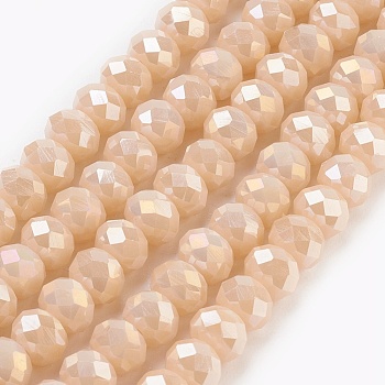 Electroplate Glass Beads Strands, Imitation Jade Glass, Full Rainbow Plated, Faceted, Rondelle, PeachPuff, 6x4~5mm, Hole: 0.8~1mm, about 83~85pcs/strand, 38~39cm