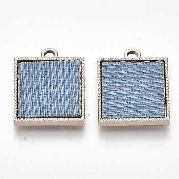 Alloy Pendants, with Cloth, Square, Light Gold, Sky Blue, 19.5x16.5x3mm, Hole: 2mm