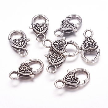 Tibetan Style Heart Lobster Claw Clasps, Cadmium Free & Lead Free, Antique Silver, 26.5x14x6mm, Hole: 4mm