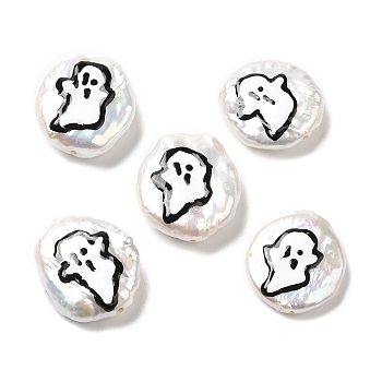 Baroque Style Natural Keshi Pearl Beads, Halloween Theme Beads with Enamel, Flat Round, Seashell Color, Ghost, 17~20x15~17x4~7mm, Hole: 0.7mm