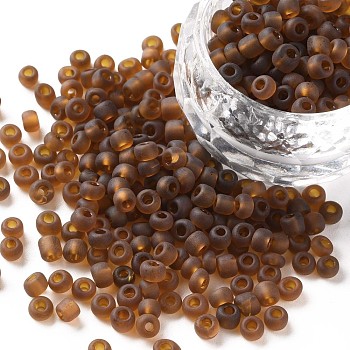 (Repacking Service Available) Glass Seed Beads, Frosted Colors, Round, Coconut Brown, 6/0, 4mm, Hole: 1~1.5mm, about 12g/bag