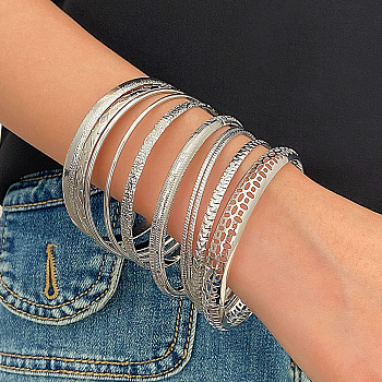 10Pcs Alloy Bangle Set for Women, Platinum, Diameter: 70mm