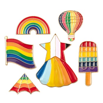 6Pcs 6 Style Alloy Enamel Brooches, Enamel Pin, with Brass Butterfly Clutches, Flag & Rainbow & Ice Sucker & Star & Hot Air Balloon & Kite, Light Gold, Mixed Color, 22~35x9~23x2mm, Pin: 1mm, 1pc/style