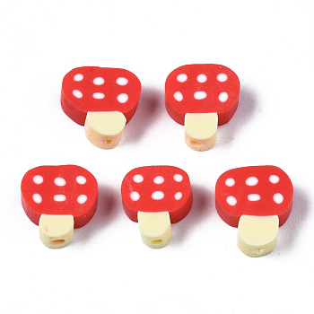 Handmade Polymer Clay Beads, for DIY Jewelry Crafts Supplies, Mushroom, Red, 10.5~12x9~11.5x5mm, Hole: 1.6mm