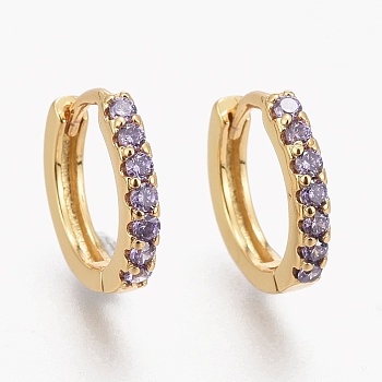 Brass Micro Pave Cubic Zirconia Huggie Hoop Earrings, Long-Lasting Plated, Ring, Lilac, Real 18K Gold Plated, 12x14.5x2mm, Pin: 1mm