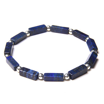 Natural Lapis Lazuli Beads Stretch Bracelets for Men, with Silver Brass Beads, Rectangle