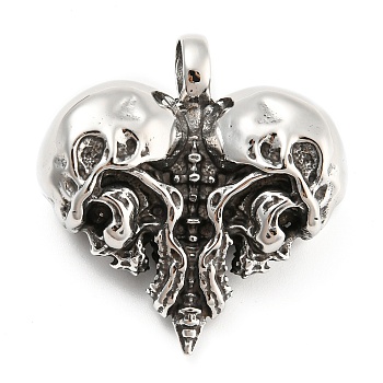 316L Surgical Stainless Steel Pendants, Skull Charm, Antique Silver, 36x35x15mm, Hole: 7mm