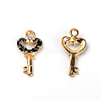 Zinc Alloy Enamel Pendants, with Rhinestone, Heart Key, Light Gold, Black, 23x11x4mm, Hole: 2mm(ENAM-TAC0014-01B)