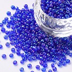 Round Glass Seed Beads, Transparent Colours Rainbow, Round, Blue, 8/0, 3mm, Hole: 1mm, about 10000pcs/pound(SEED-A007-3mm-168)
