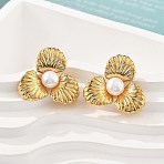304 Stainless Steel Stud Earrings, with Freshwater Pearl Beads, Flower, Ion Plating(IP) , Real 18K Gold Plated, 22.5x24.5mm(EJEW-S246-07G)