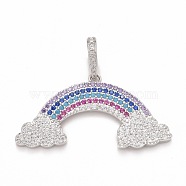 Rack Plating Brass Micro Pave Colorful Cubic Zirconia Pendants, Cadmium Free & Nickel Free & Lead Free, Long-Lasting Plated, with Clasp, Rainbow, Real Platinum Plated, 18.5x36x2.5mm, Hole: 7x4mm(KK-M229-07P)