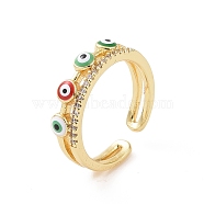 Brass Micro Pave Cubic Zirconia Open Rings, Enamel Evil Eye Cuff Rings for Women, Real 18K Gold Plated, 4~5mm, Inner Diameter: US Size 6 3/4(17mm)(RJEW-J017-VC275)
