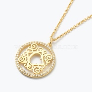 Brass Micro Pave Clear Cubic Zirconia Pendant Necklaces, Flat Round with Letter, Real 18K Gold Plated, Letter.C, 16.14~17.20 inch(41~43.7cm)(NJEW-J059-01C)