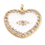 Golden Plated Brass Micro Pave Clear Cubic Zirconia Charms, with Enamel, Long-Lasting Plated, Heart with Eye, White, 11x11.5x2.5mm, Hole: 1.2mm(ZIRC-L097-033B-G)