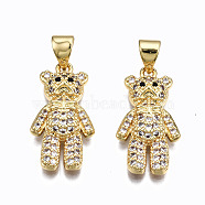 Brass Micro Pave Clear Cubic Zirconia Pendants, Inlay Bear Shape Charms, Cadmium Free & Nickel Free & Lead Free, Real 16K Gold Plated, 22x11.5x4mm, Hole: 5x3mm(ZIRC-S067-041-NR)