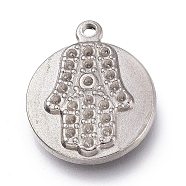 304 Stainless Steel Pendants Rhinestone Settings, Flat Round with Hamsa Hand/Hand of Fatima/Hand of Miriam, Stainless Steel Color, 17x14x2.5mm, Hole: 1.2mm, Fit for 0.8mm Rhinestone. (STAS-H113-05P)