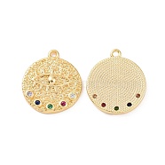 Brass Micro Pave Colorful Cubic Zirconia Pendants, Flat Round with Eye Charm, Real 18K Gold Plated, 17x15x2mm, Hole: 1.2mm(KK-E068-VC118)