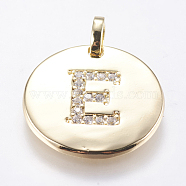 Brass Pendants, with Micro Pave Cubic Zirconia, Flat Round with Letter, Golden, Letter.E, 23~23.5x2mm, Hole: 3.5x4mm(KK-K218-E01)