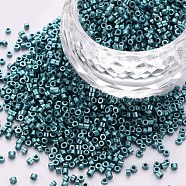 Glass Cylinder Beads, Seed Beads, Metallic Colours, Baking Paint, Round Hole, Teal, 1.5~2x1~2mm, Hole: 0.8mm, about 8000pcs/bag, about 1pound/bag(SEED-S047-B-007)