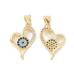 Brass Micro Pave Cubic Zirconia Pendants, Heart with Evil Eye Charm, Golden, 27x13x2mm, Hole: 5x3mm(ZIRC-P106-50G)