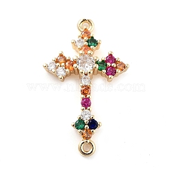 Brass Pave Colorful Glass Connector Charms, Cross Links, Light Gold, 28x17x5.2mm, Hole: 1.2mm(KK-Q811-04KCG)